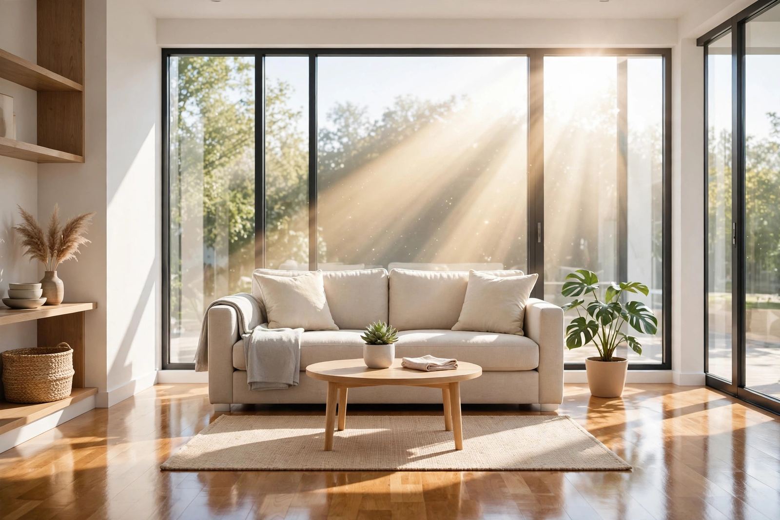 Sparkling clean bright living room with sunlight through spotless windows after a deep clean