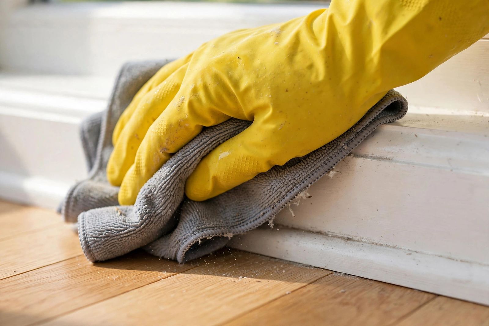 Cleaner wiping a white baseboard with a microfiber cloth during detailed dusting
