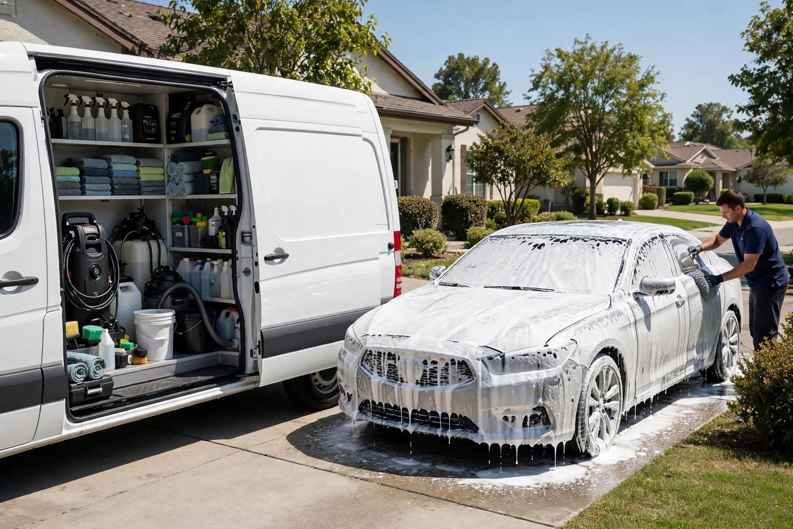Mobile detailing van with open side door showing professional equipment, worker foam-washing a sedan in a home driveway