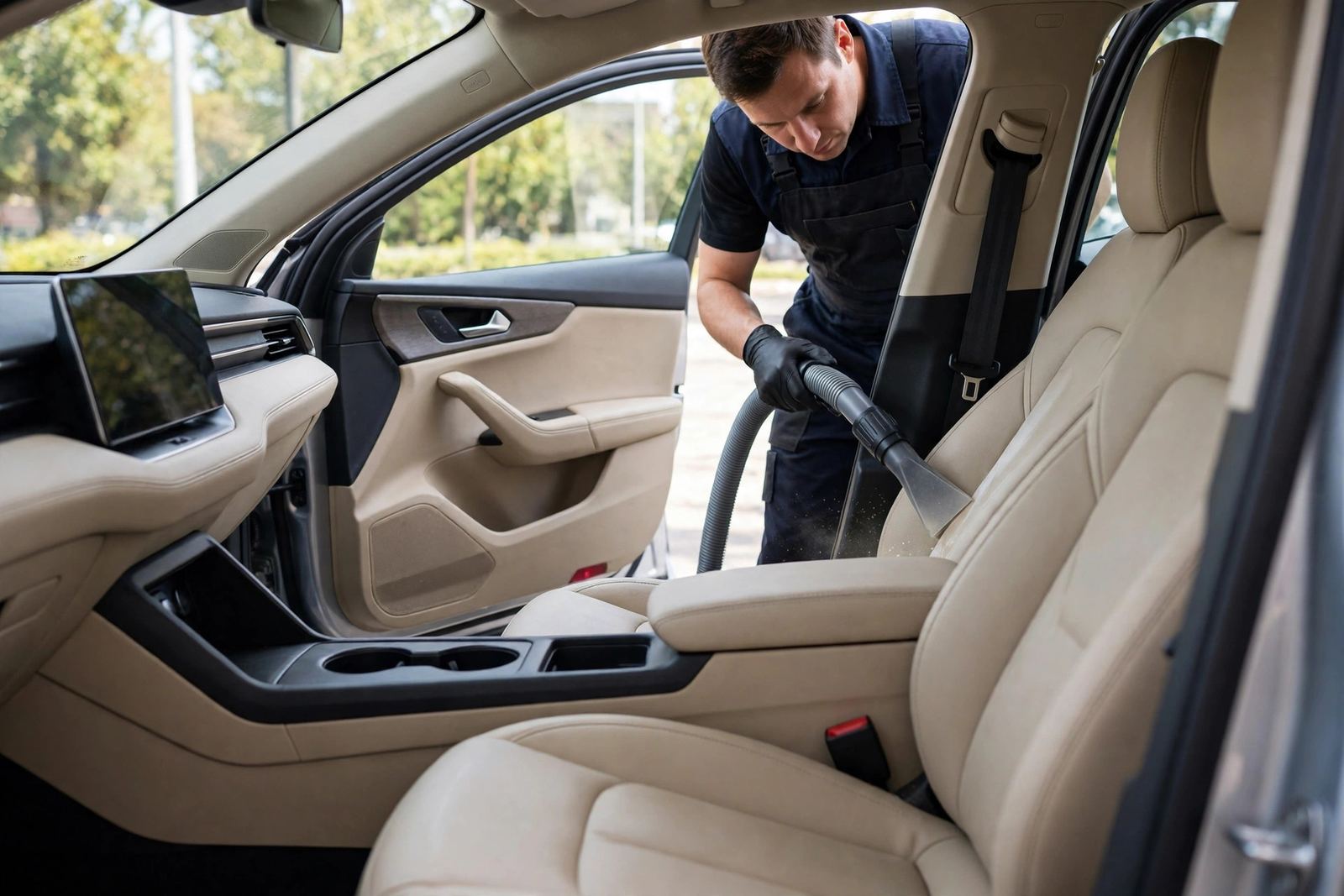 Detailer vacuuming car seats during an interior detail