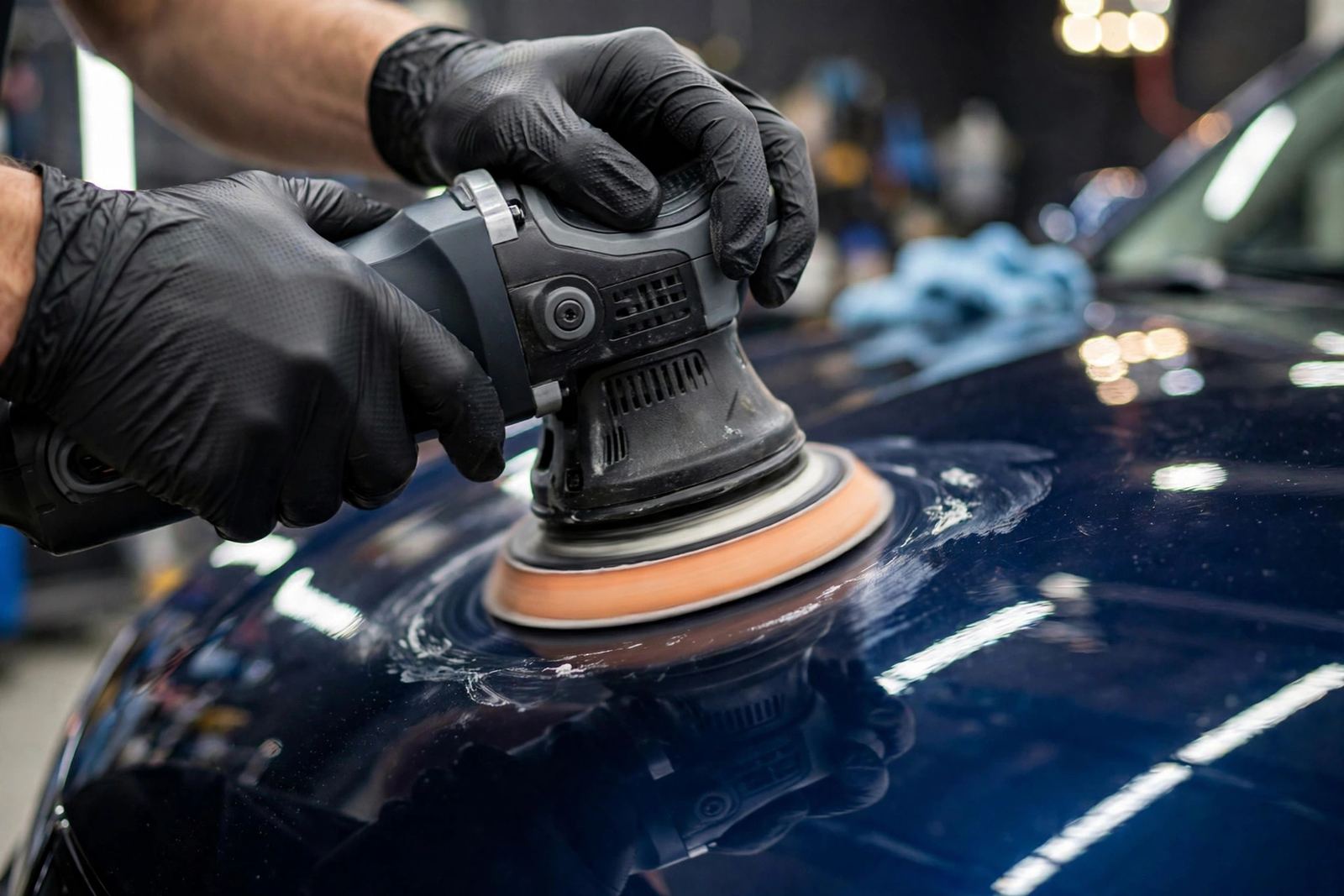 Detailer using a dual-action polisher on a car’s glossy paint