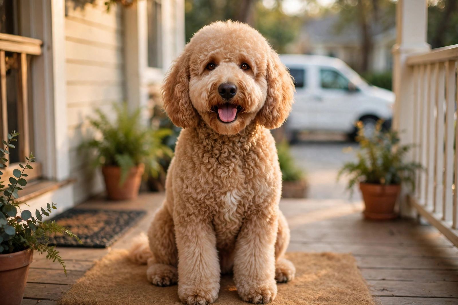 Freshly groomed fluffy doodle dog sitting happily on a home porch