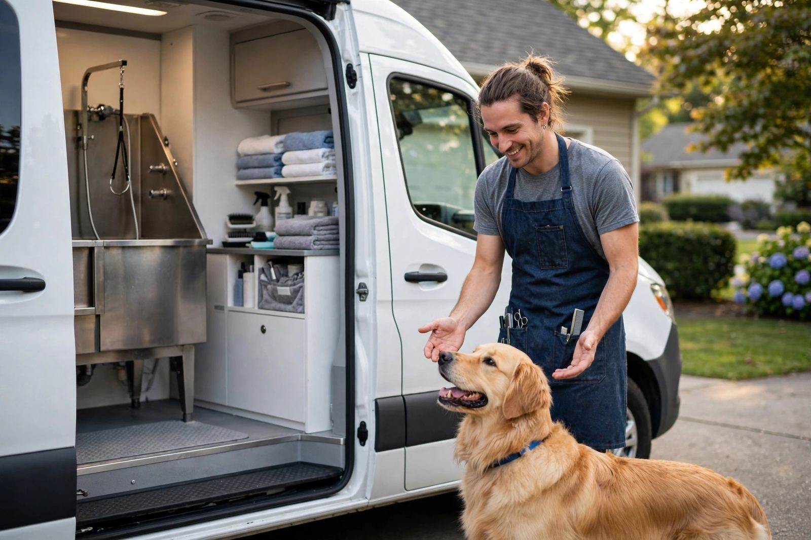 Mobile pet grooming van parked in a home driveway with groomer greeting a golden retriever at the open side door