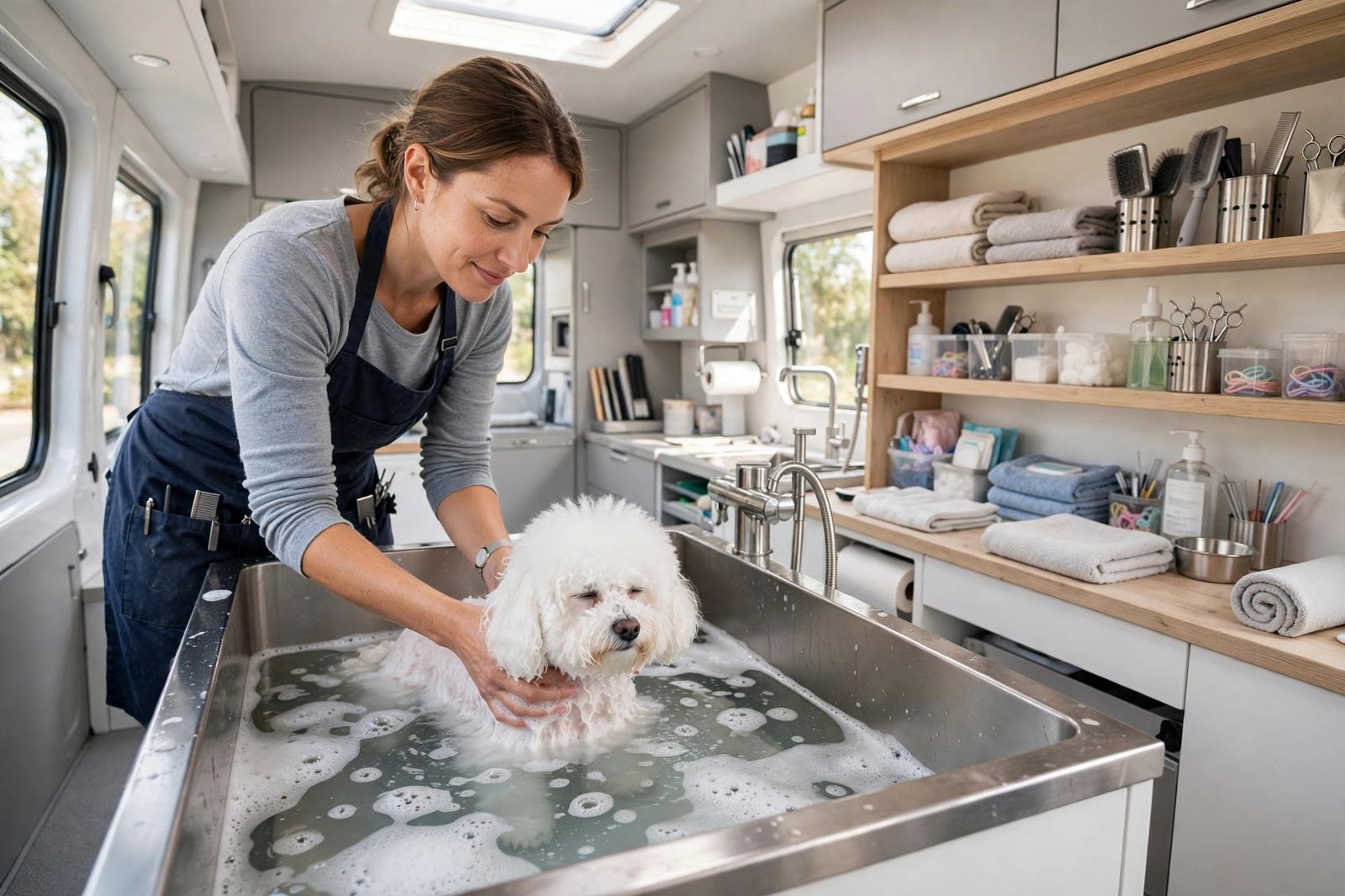Groomer bathing a small fluffy dog in a raised tub inside a clean mobile grooming van